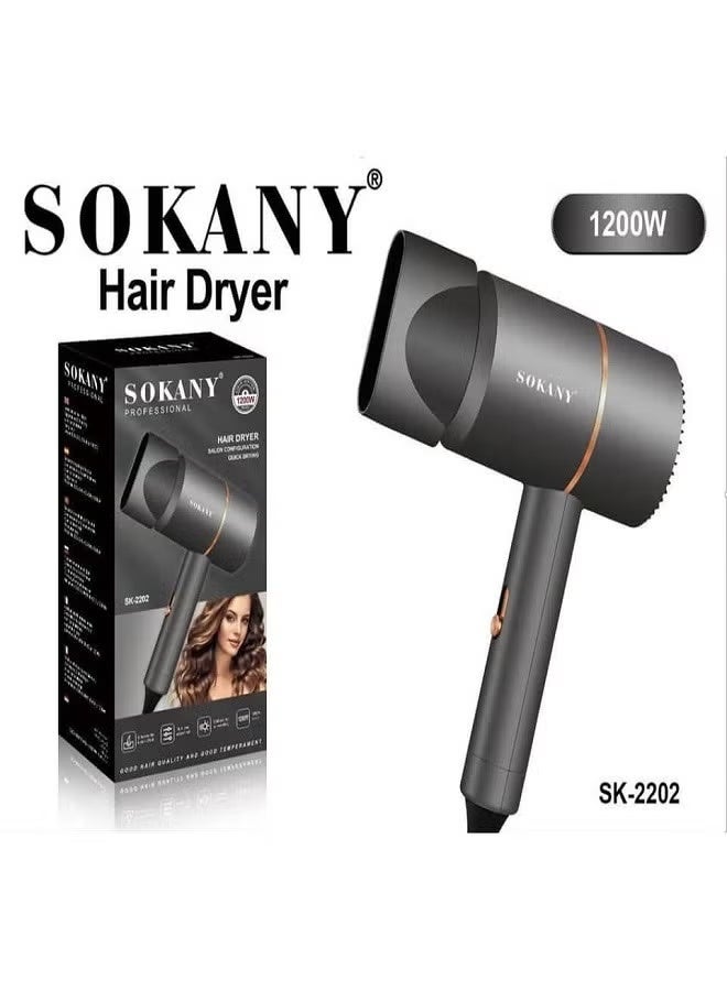 sokany SK-2202 Mini Hair Dryer 1200W with Fast Drying, Lightweight & Compact Design, Portable for Home, Salon & Travel Use, General Grey Color, Ergonomic & Easy to Use - Image 3